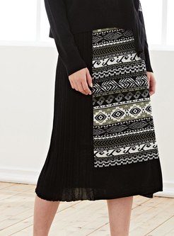 High Waisted Geometric Print Wool Skirt