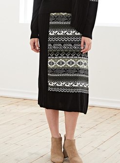 High Waisted Geometric Print Wool Skirt