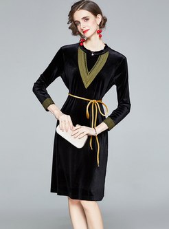 Long Sleeve Embroidered Velvet Skater Dress