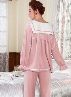 Sweet Color-blocked Velvet Loose Pajama Set