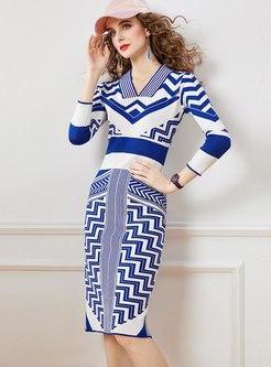 V-neck Geometric Print Knitted Dress