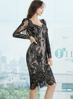 Sexy Square Neck Openwork Lace Dress