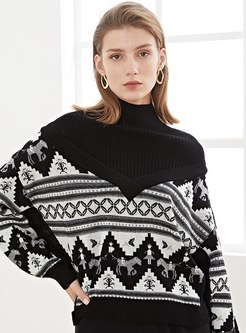 Turtleneck Print Pullover Short Sweater
