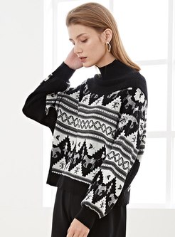 Turtleneck Print Pullover Short Sweater