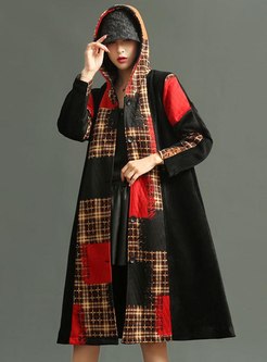 Hooded Plaid Patchwork Straight Coat