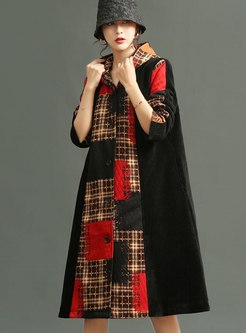 Hooded Plaid Patchwork Straight Coat
