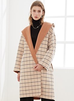 Color-blocked Plaid Hooded Shift Overcoat