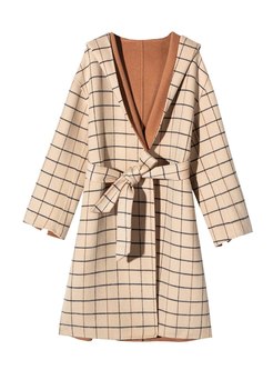 Color-blocked Plaid Hooded Shift Overcoat