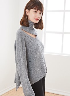 Openwork Long Sleeve Sequin Loose Sweater