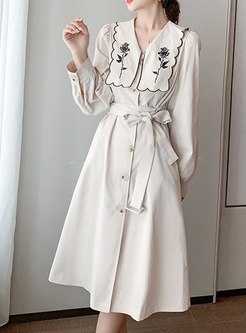 Long Sleeve Embroidered A Line Midi Dress