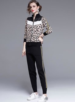 Leopard Patchwork Mock Neck Pant Suits
