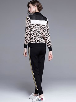Leopard Patchwork Mock Neck Pant Suits