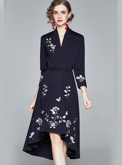 3/4 Sleeve A Line Embroidered High-low Dress