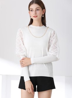 White Puff Sleeve Lace Patchwork Sweater