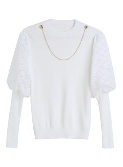 White Puff Sleeve Lace Patchwork Sweater