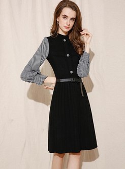 Mock Neck Plaid Patchwork Knitted Dress