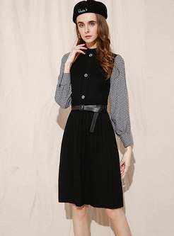 Mock Neck Plaid Patchwork Knitted Dress