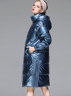 Hooded Side Zipper High Shine Puffer Coat