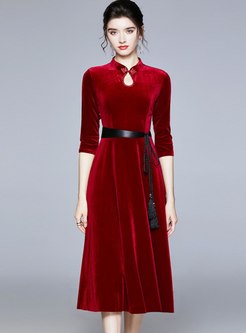 Mandarin Collar 3/4 Sleeve Velvet Dress