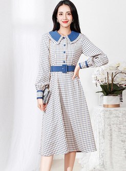 Color-blocked Plaid Belted A Line Midi Dress