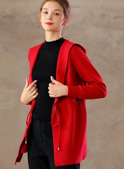 Red Hooded Drawstring Knitted Loose Coat