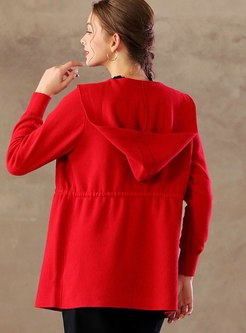 Red Hooded Drawstring Knitted Loose Coat