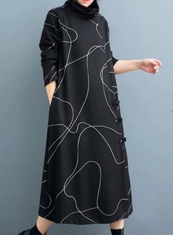 Turtleneck Long Sleeve Print Shift Dress