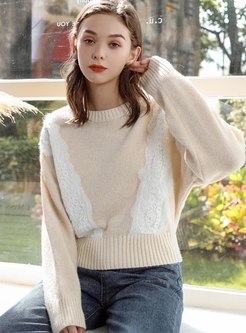 Crew Neck Lace Patchwork Pullover Sweater