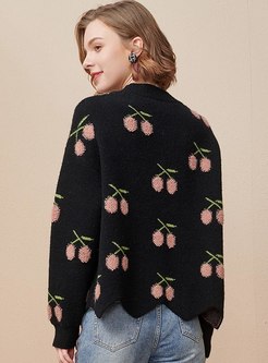 Cherry Embroidered Pullover Loose Sweater