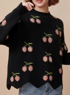 Cherry Embroidered Pullover Loose Sweater