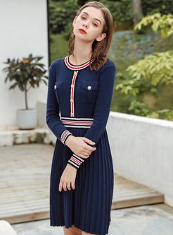 Color-blocked Striped A Line Knitted Dress