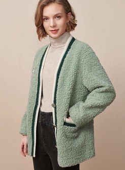 V-neck Suede Fleece Straight Coat