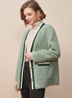 V-neck Suede Fleece Straight Coat