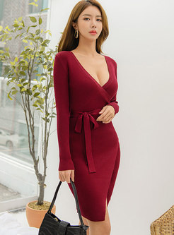 Sexy V-neck Bodycon Knitted Dress