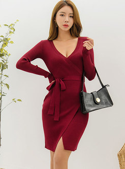 Sexy V-neck Bodycon Knitted Dress