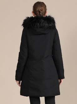 Black Faux Fur Hooded A Line Coat