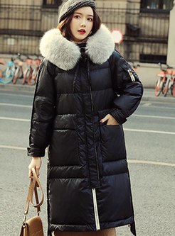 Color-blocked Straight Knee-length Down Coat