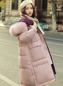 Color-blocked Straight Knee-length Down Coat