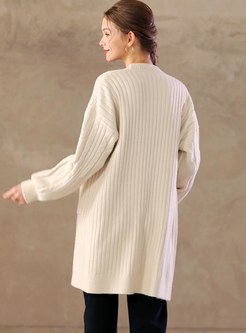 V-neck Long Sleeve Straight Knitted Coat