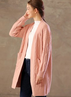 V-neck Long Sleeve Straight Knitted Coat