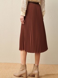 High Waisted Pleated A Line Long Skirt