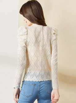 Mock Neck Puff Sleeve Lace Openwork Blouse