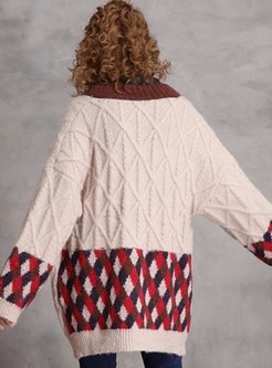 Color-blocked V-neck Straight Knitted Coat