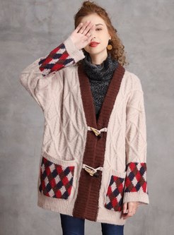 Color-blocked V-neck Straight Knitted Coat