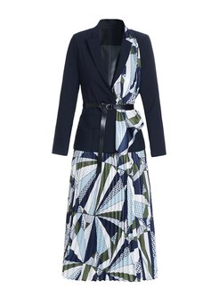 Geometric Print Patchwork Pleated Skirt Suits