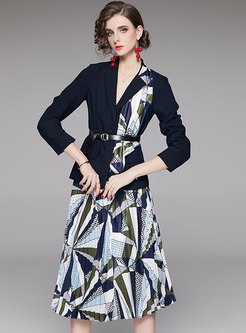 Geometric Print Patchwork Pleated Skirt Suits