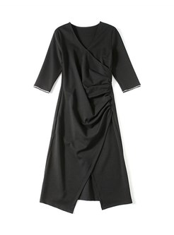 3/4 Sleeve Beaded Ruched Split Dress