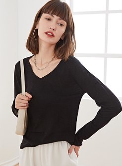 V-neck Pure Color Pullover Sweater