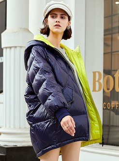 Hooded Color-blocked Loose Down Coat