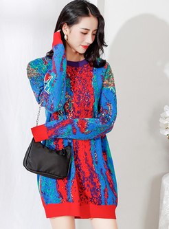 Print Color-blocked Mini Knitted Dress